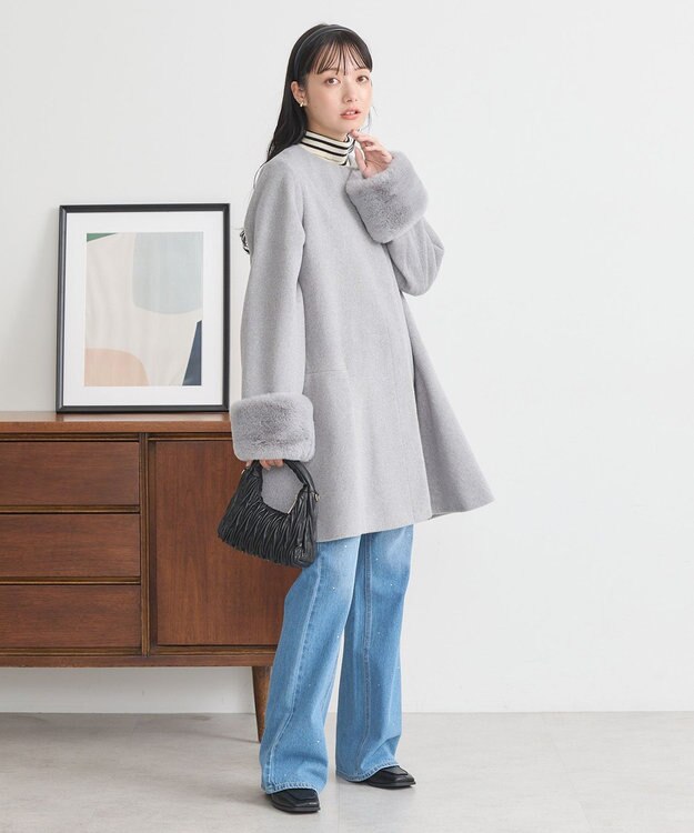 earth music&ecology ファーカフスノーカラーコート 杢グレー