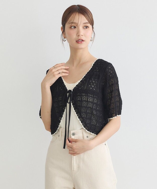 earth music&ecology ミニスカラップ透かし編みニットカーディガン Black