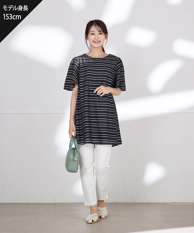 Tiaclasse 【洗える】ランダムボーダーチュニックブラウス ネイビー