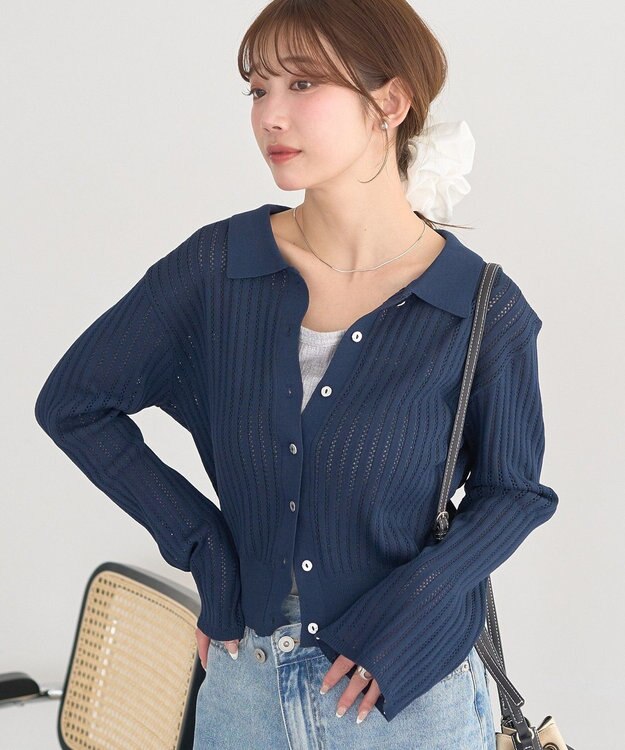earth music&ecology 透かし編みフレアスリーブカーデガン Navy