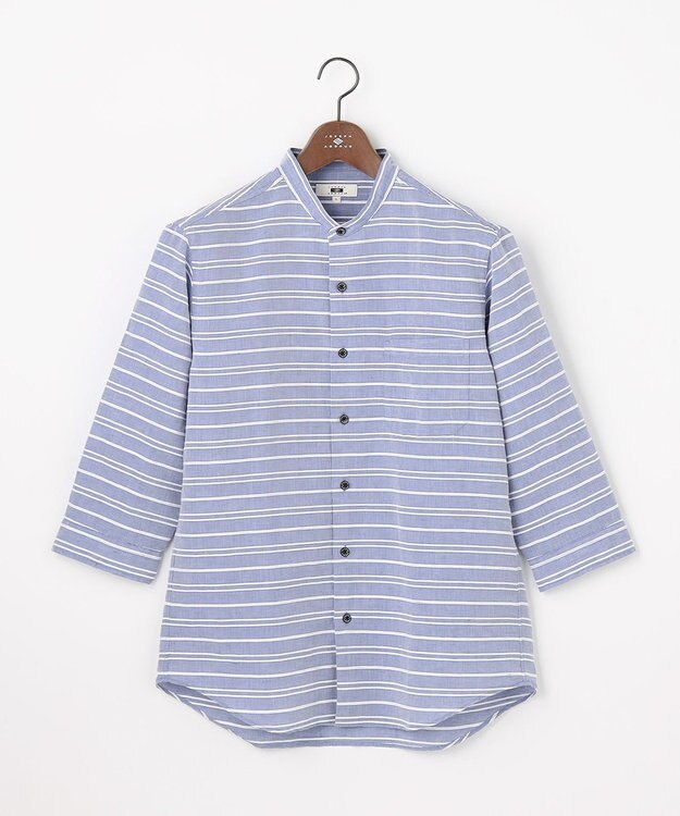 JOSEPH ABBOUD 【キングサイズ・リネンブレンド】コットンリネン ボイルコード 七分袖 バンドカラー シャツ サックスブルー系1