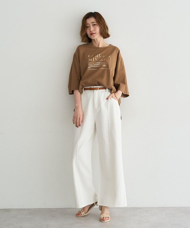 YECCA VECCA 【UVカット】ワイドスリーブ箔プリントTee Dark Beige