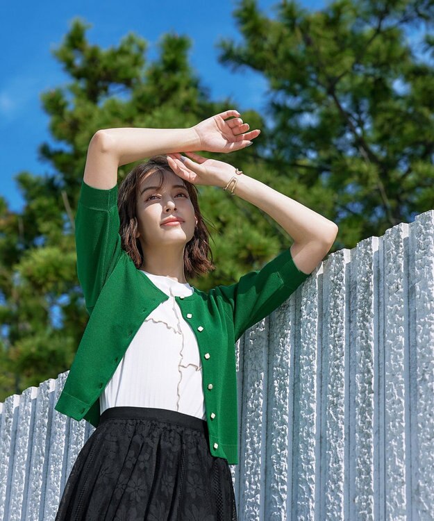 Tiaclasse L  【洗える】ハーフスリーブサマーニットカーディガン グリーン