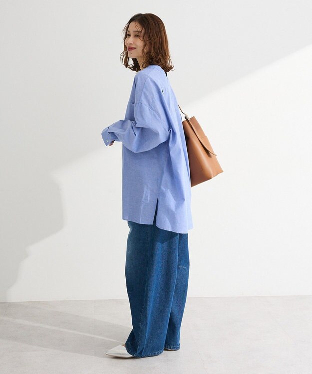 Green Parks 綿麻混Ｖネックオーバーサイズシャツ Sax