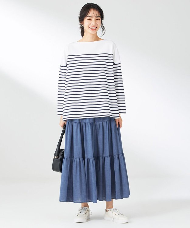 ANY 【ウエストゴム】シャンブレーライクティアード スカート ブルー系