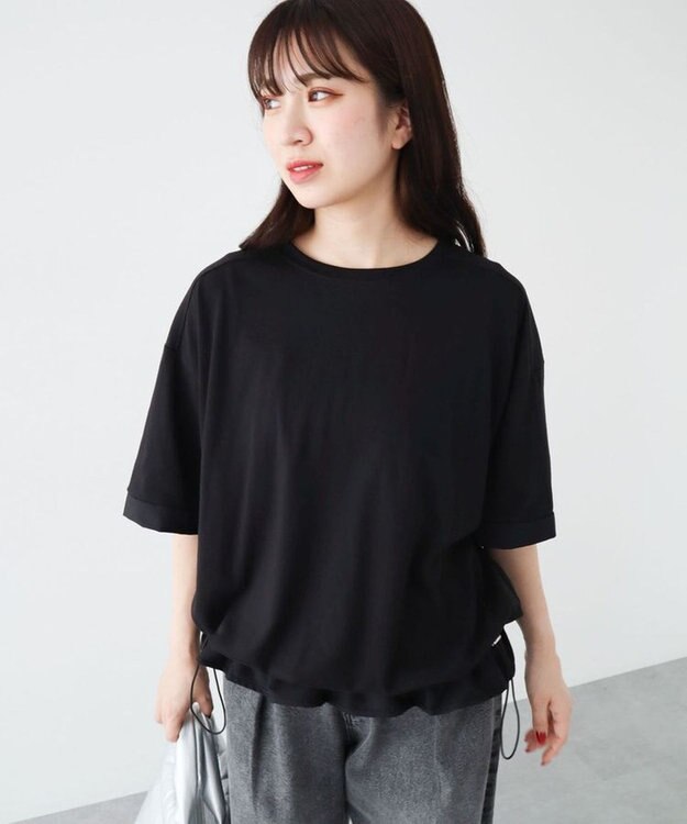 Green Parks 裾ドロスト５分袖ドッキングチュニック Black