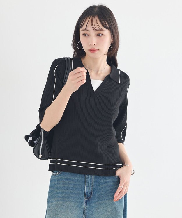 earth music&ecology 【予約】ラインカラーポロニット ブラック