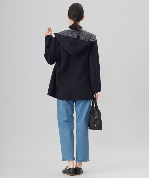 J.PRESS LADIES L ウールナイロンリバーチェック フード付き コート ネイビー×チェック系