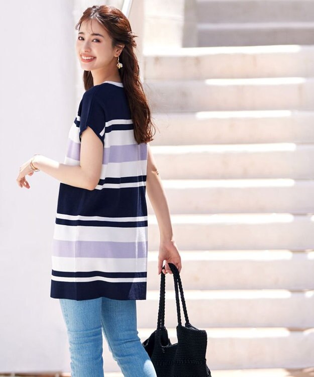 Tiaclasse 【洗える】マルチボーダーフレンチニットチュニック ネイビー×オフ×ラベンダー