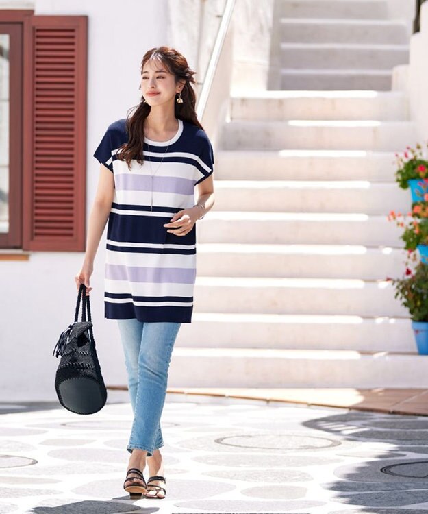 Tiaclasse 【洗える】マルチボーダーフレンチニットチュニック ネイビー×オフ×ラベンダー