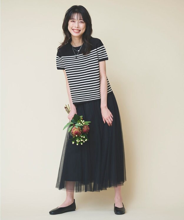 ANY クロップド丈ガーターニット クロベース×エクリュライン