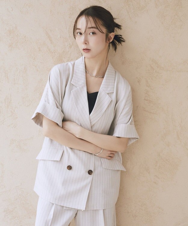 earth music&ecology 【セットアップ対応】リネンライクダブルジャケット Stripe Ivory