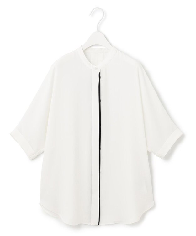 ICB 【接触冷感・UVケア・速乾】BackSatinAmunzen 5分袖バンドカラーブラウス オフホワイト系