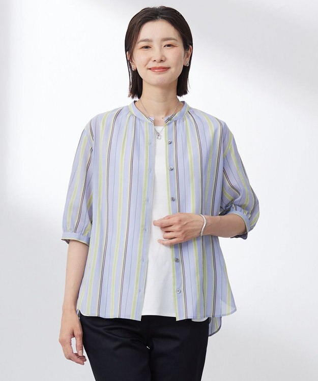 J.PRESS LADIES L 【洗える】ランダムストライプ ブラウス サックスストライプ系