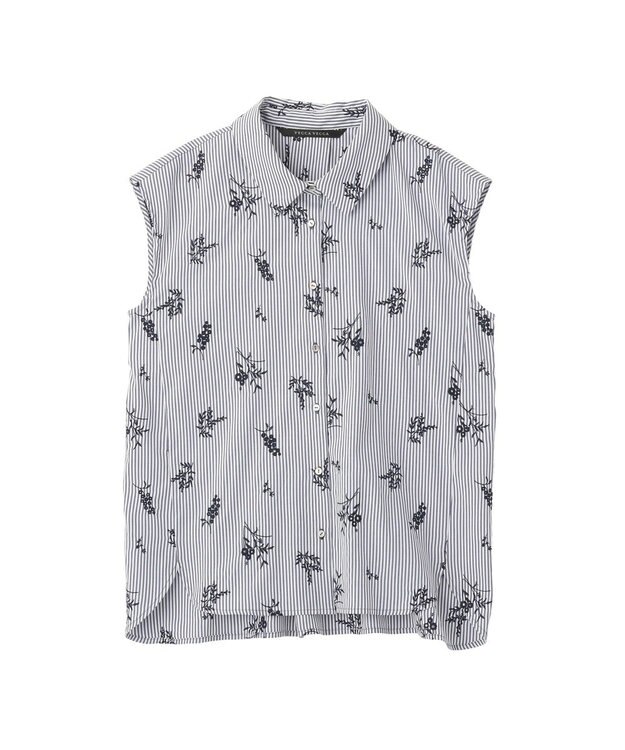 YECCA VECCA ストライプ柄フラワー刺繍シャツ Navy