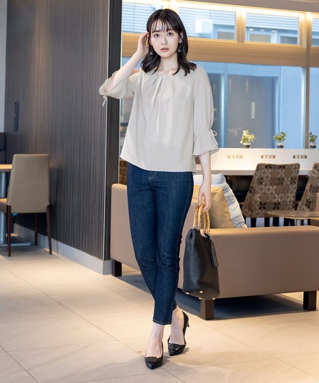 Tiaclasse 【洗える】リボン付きタックフレア袖ブラウス グレー