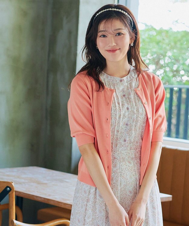 Tiaclasse  【洗える】ハーフスリーブサマーニットカーディガン コーラル