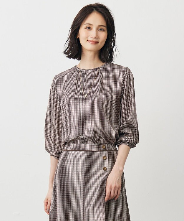 J.PRESS LADIES デシンハウンドトゥースプリント ブラウス ブラウン系