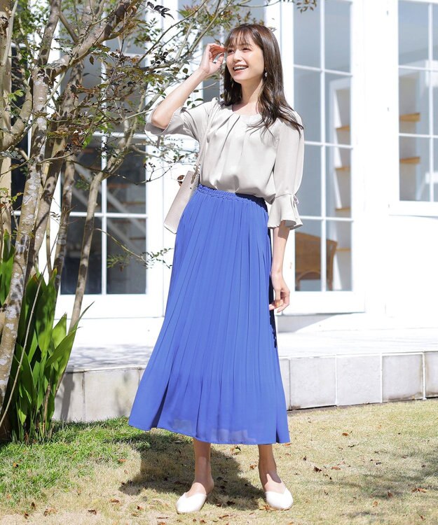 Tiaclasse 【洗える】リボン付きタックフレア袖ブラウス グレー