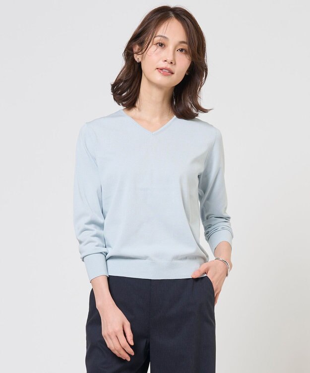J.PRESS LADIES L HIGH GAUGE BASIC Vネック ニット アクア系