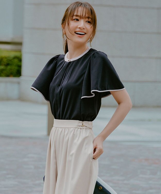 ANY SIS L 【洗える】2WAYバイカラーフレア ブラウス ネイビー