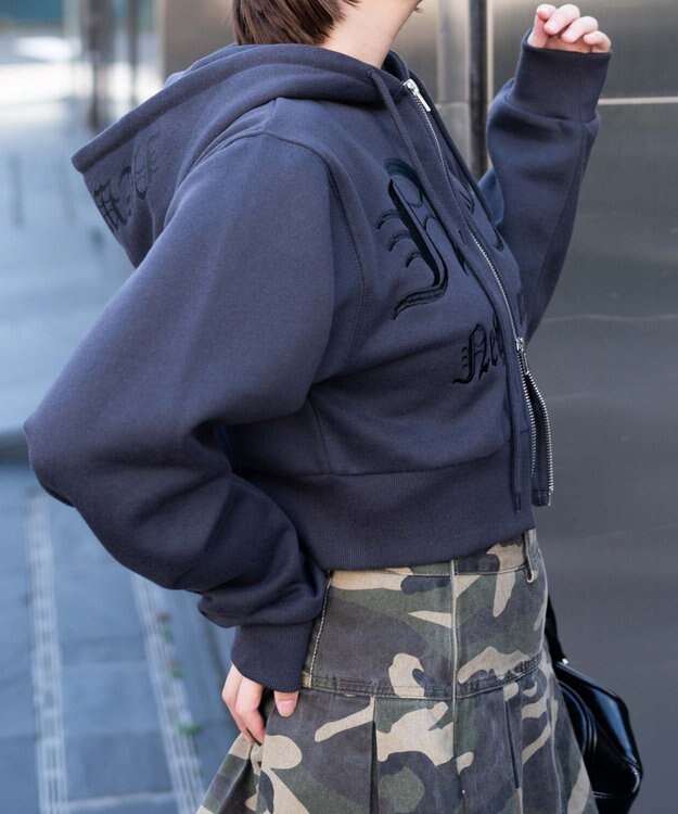 WEGO グラフィック裏起毛ショートZIPパーカー ダークグレー