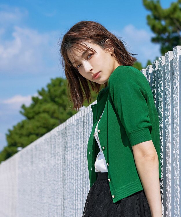 Tiaclasse L  【洗える】ハーフスリーブサマーニットカーディガン グリーン