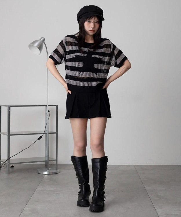 WEGO オフショルメッシュニット（S） グレーボーダー