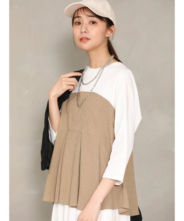 Green Parks ７分袖ビスチェドッキング風カットプルオーバー Beige