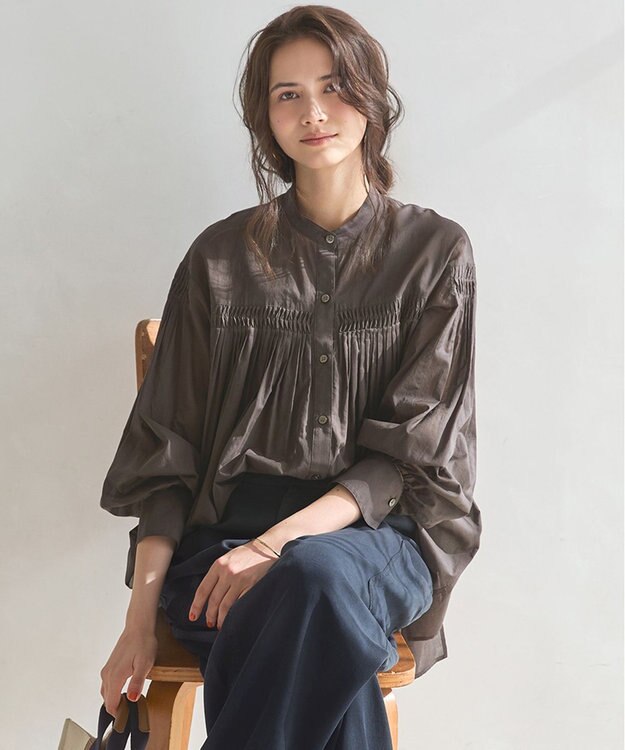 23区 L 【SLOW/一部店舗限定】コットンボイル ギャザー ブラウス ダークブラウン系