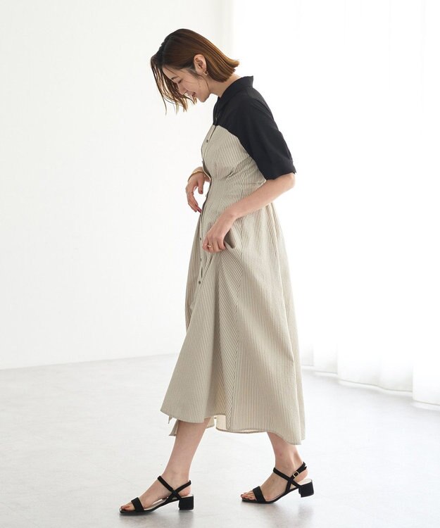 YECCA VECCA ハーフスリーブベアドッキングワンピース Stripe