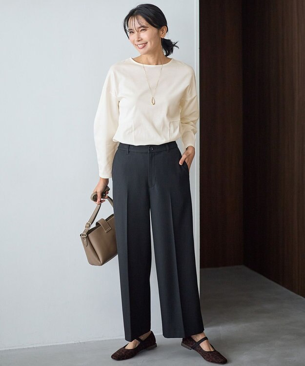 ANY L 【洗濯機可/ストレッチ/ウエストゴム/裏起毛】マルチファンクションストレッチワイドパンツ ブラック