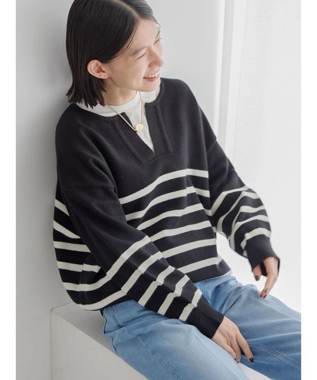 AMERICAN HOLIC バイパチスキッパーニットプルオーバー Border Black