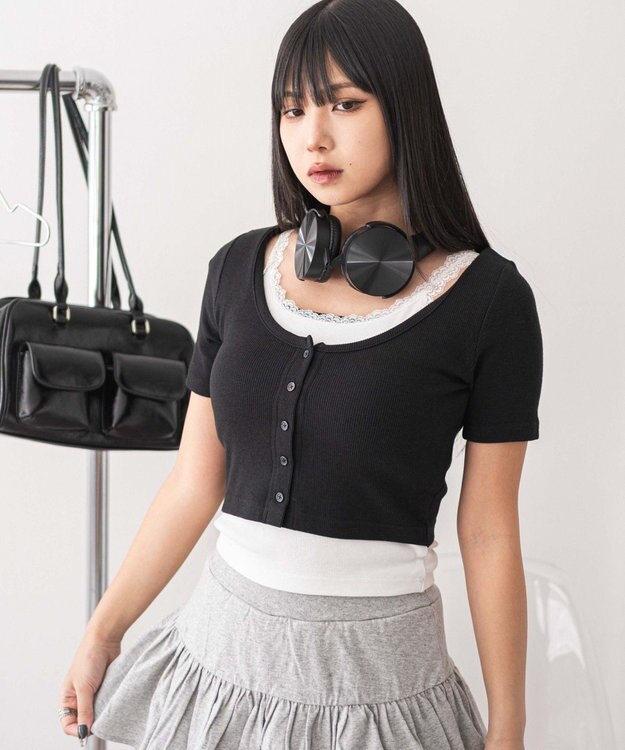 WEGO レースキャミレイヤード風ちびT ブラック