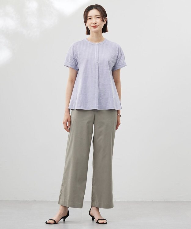 J.PRESS LADIES L 【洗える・抗菌防臭・吸水速乾】サッカージャージー フレンチスリーブ カットソー オフ×ブルー系