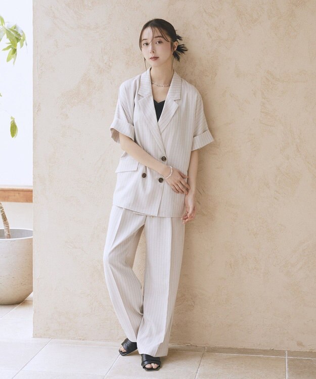 earth music&ecology 【セットアップ対応】リネンライクダブルジャケット Stripe Ivory