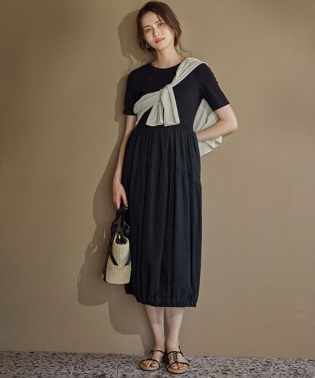 23区 L 【SLOW/一部店舗限定】コットンローンウェーブ バルーン ワンピース ブラック系