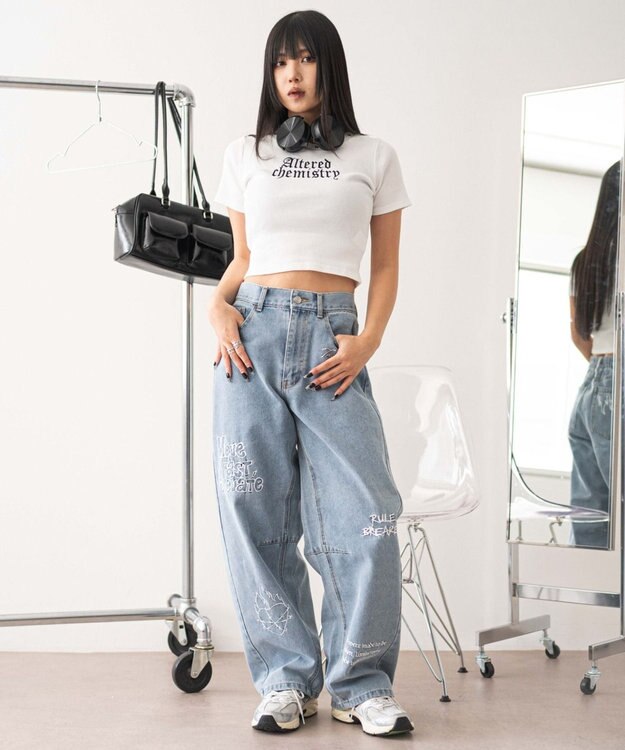 WEGO 刺繍ロゴバレルレッグパンツ デニム中濃色