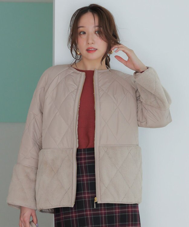 ANY SIS S フェイクファーコンビキルティング アウター ベージュ