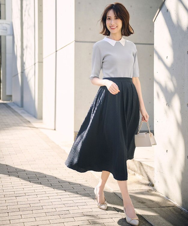 ANY SIS 【好印象企画】襟配色ニット×タックスカートセット グレー×スレート