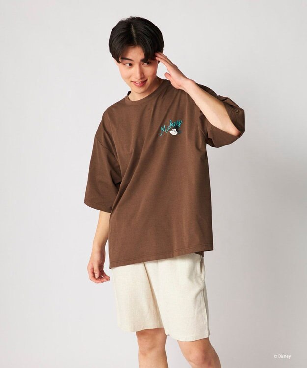 OP／FILA 【Ocean Pacific】ミッキー/水陸両用ビッグTシャツ/ユニセックス ブラウン