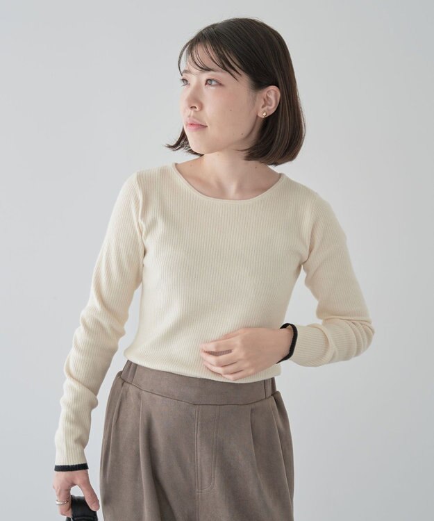 Green Parks もちっと袖配色ボートネックニットプルオーハ Ecru