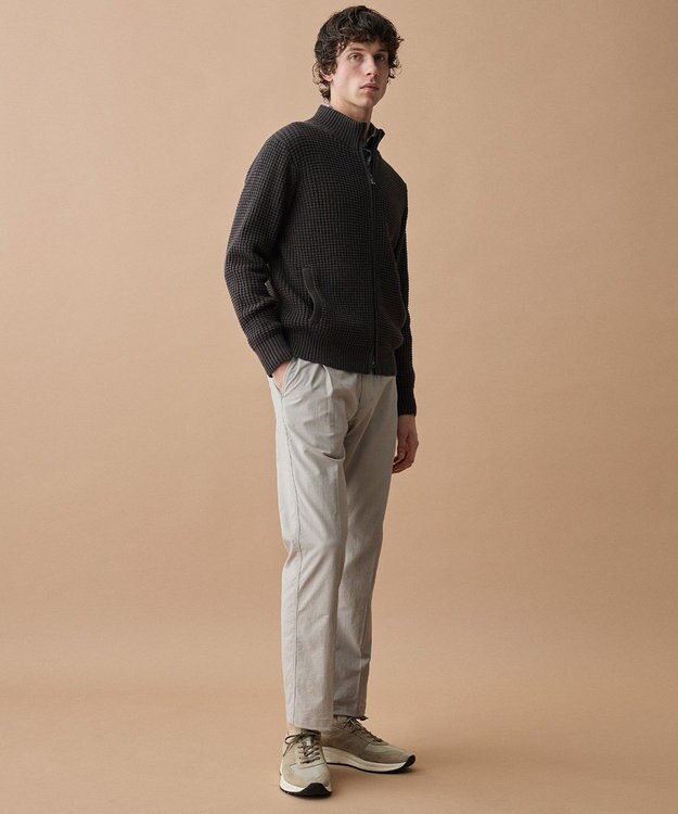 JOSEPH ABBOUD 【キングサイズ・3シーズン活躍する綿ブレンド】コットンアクリルバルキー ジップニット ブルゾン ダークブラウン系