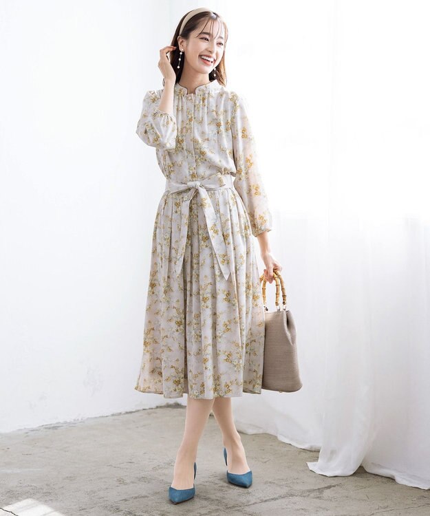 Tiaclasse L 【洗える】花柄フレアワンピース グレージュ