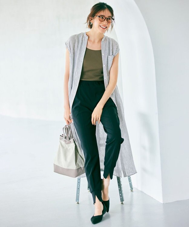 23区 【洗える】LIBECO ノースリーブ シャツ ワンピース ダークブラウンストライプ