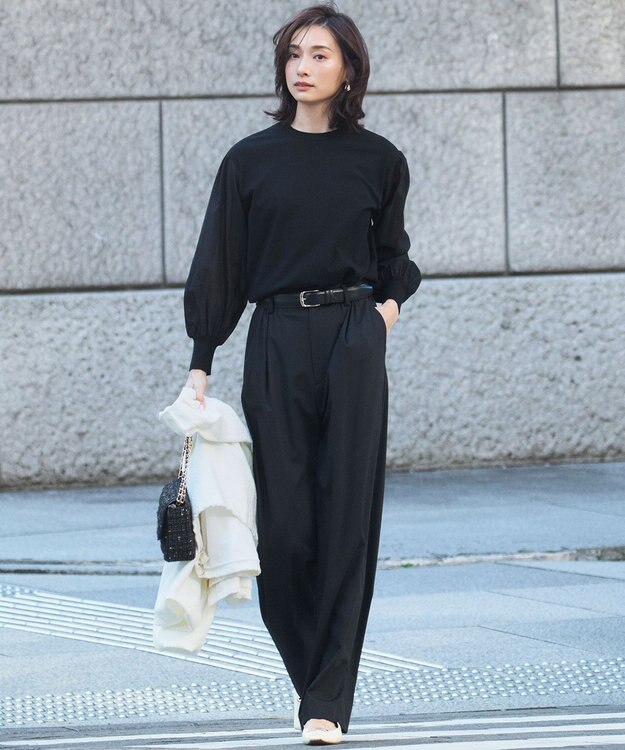 23区 L 【洗える】コンフォートストレッチ パフスリーブ ニット ブラック系