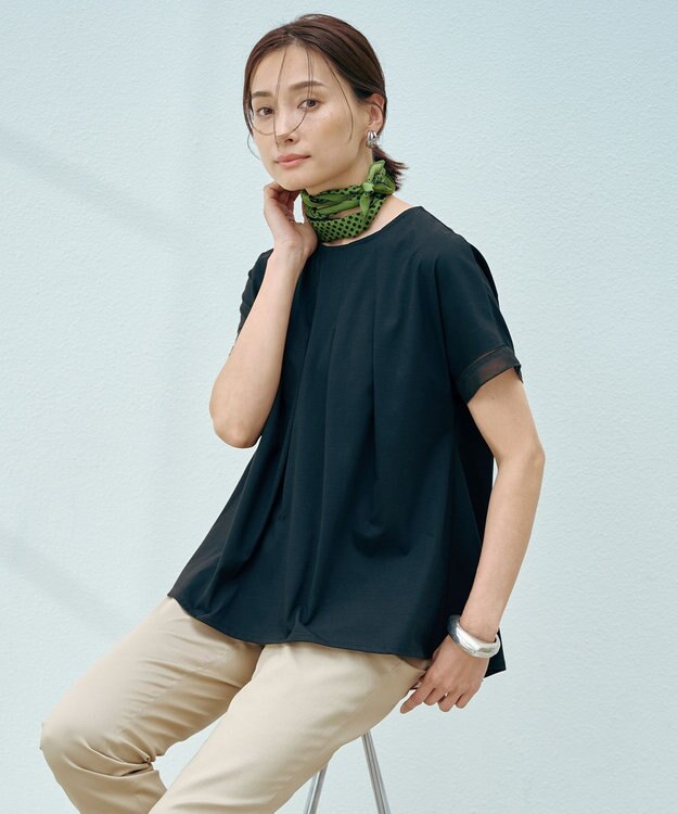 J.PRESS LADIES 【洗える・接触冷感】プレーティングジャージー フレア カットソー ブラック系