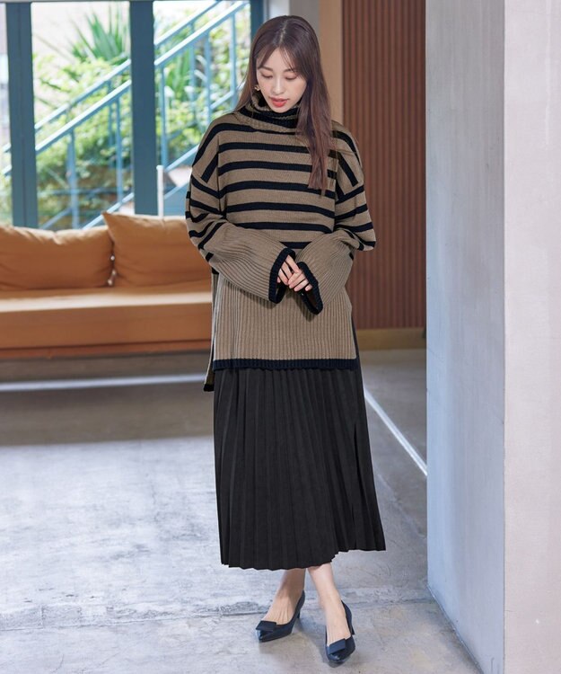 Tiaclasse 【洗える】ハイネックボーダープルオーバー グレージュ