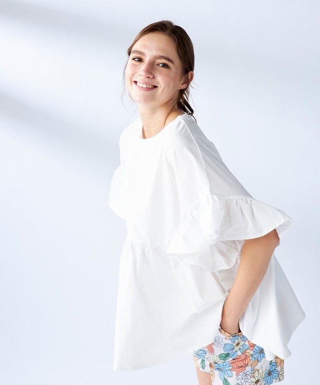 OP／FILA 【Ocean Pacific】らくティブ｜ティアード袖フレアカットソー ホワイト