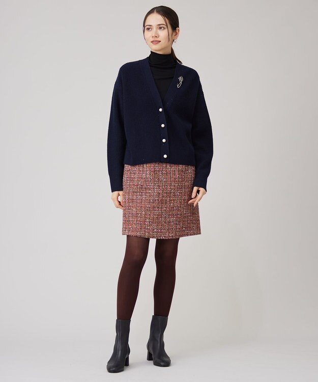 自由区 【洗える】ウールカシミヤブレンドラメスパンコールニット カーディガン ネイビー×ブラック